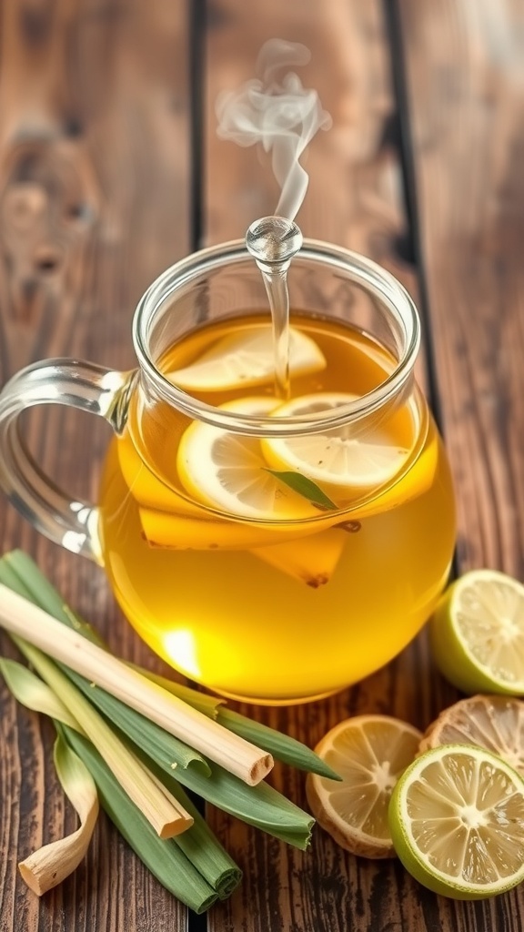 A glass teapot with lemongrass and ginger infusion, surrounded by fresh ingredients on a wooden table.